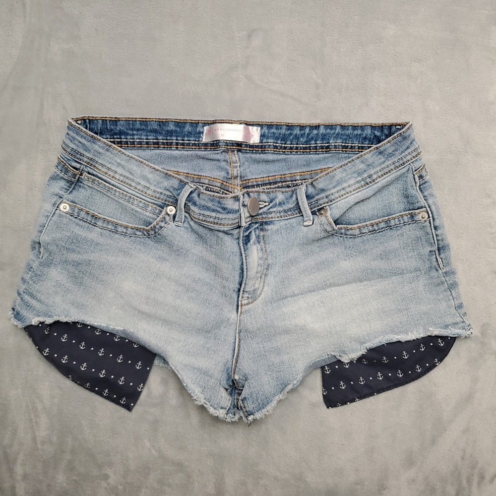 No Boundaries Shorts Womens 15 Blue Denim Micro Mini Shortie Stretch NOBO Cutoff